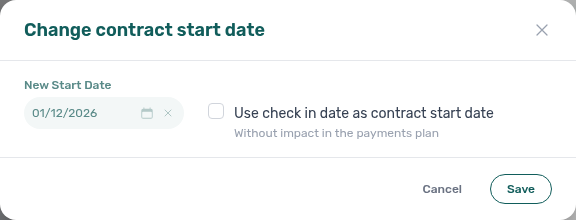 Booking detail — Change contract start date modal with optional Use check in date as contract start date