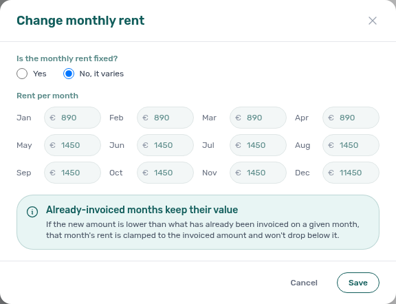 Booking detail — Change monthly rent modal with Already invoiced months info banner