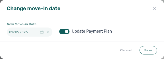 Booking detail — Change move-in date modal with Update Payment Plan toggle
