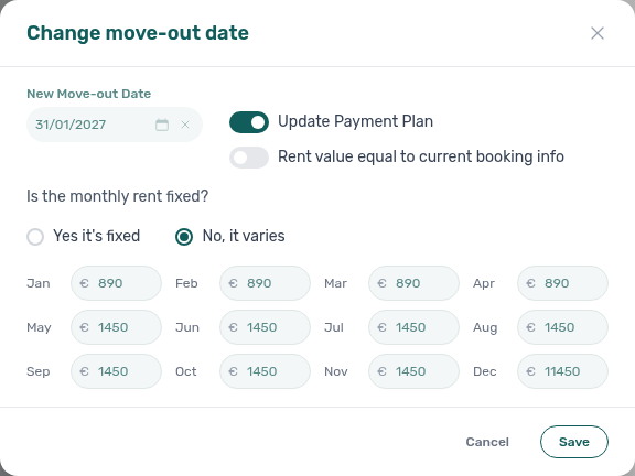 Booking detail — Change move-out date modal with Update Payment Plan toggle and rent options