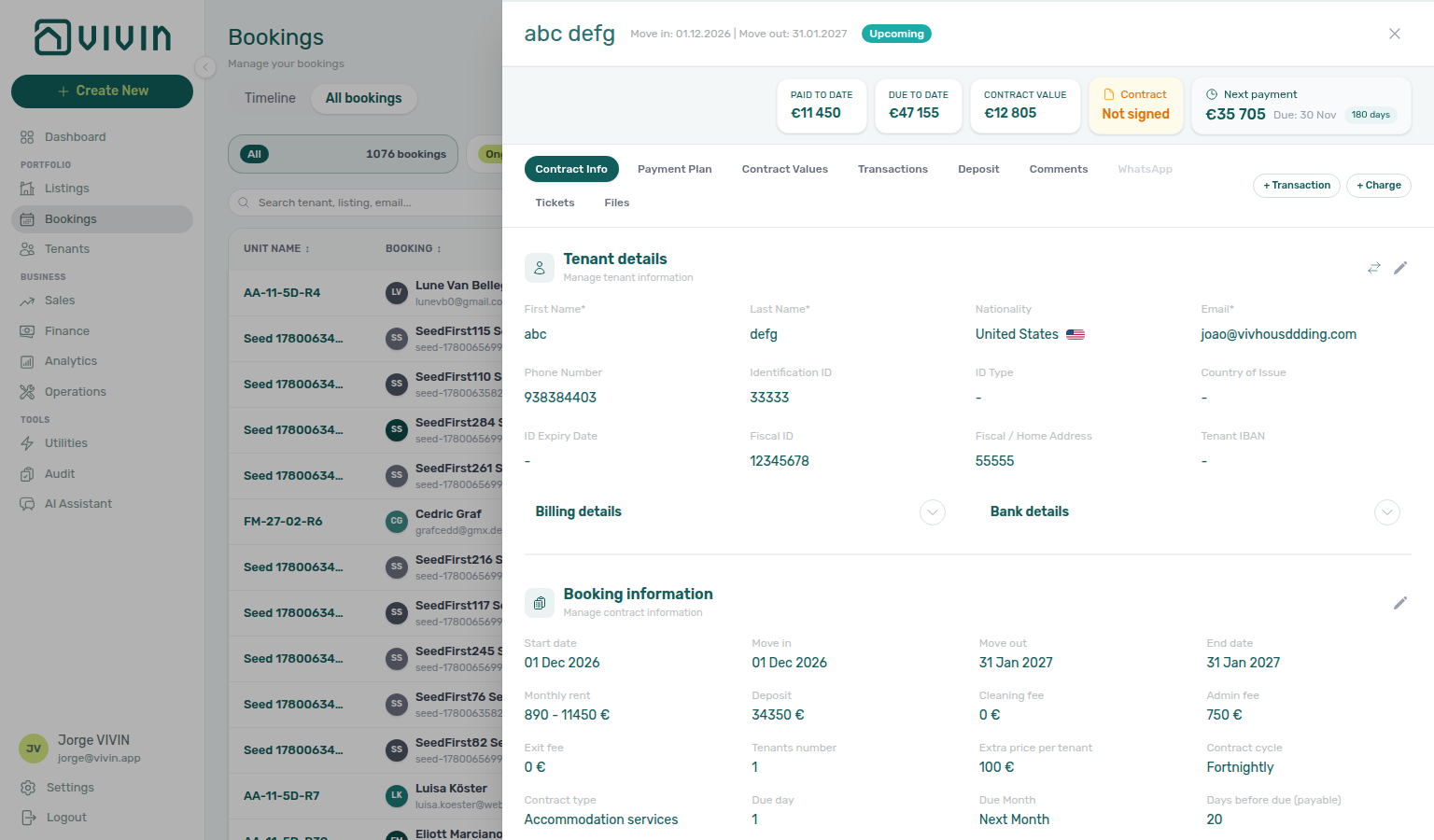 Booking detail — Contract Info tenant card with Change tenant control (upcoming booking)