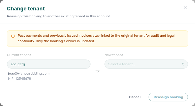 Change tenant modal — current tenant, searchable new tenant picker, and audit warning before Reassign booking