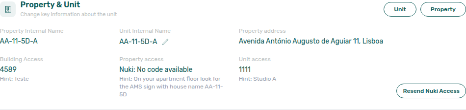 Booking detail — Contract Info Property &amp; Unit section with pencil beside Unit internal name (upcoming booking)