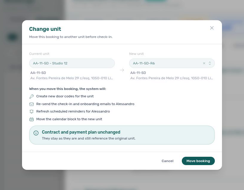 Change unit modal — Studio 12 → AA-11-5D-R6 with When you move this booking effects and Contract and payment plan unchanged callout