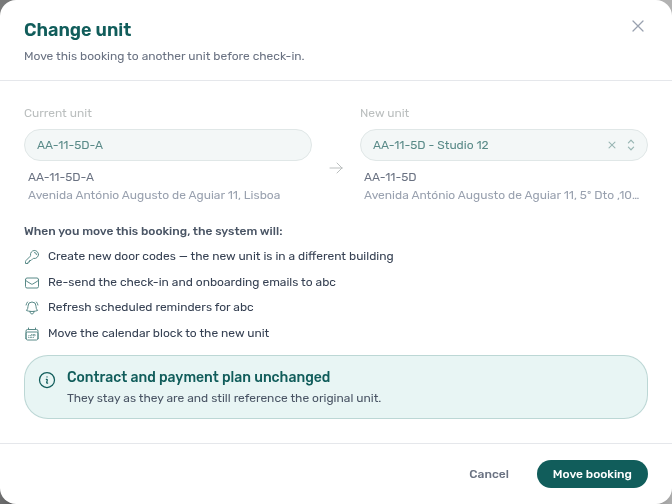 Change unit modal — current unit, new unit selected, and When you move this booking effects summary before Move booking