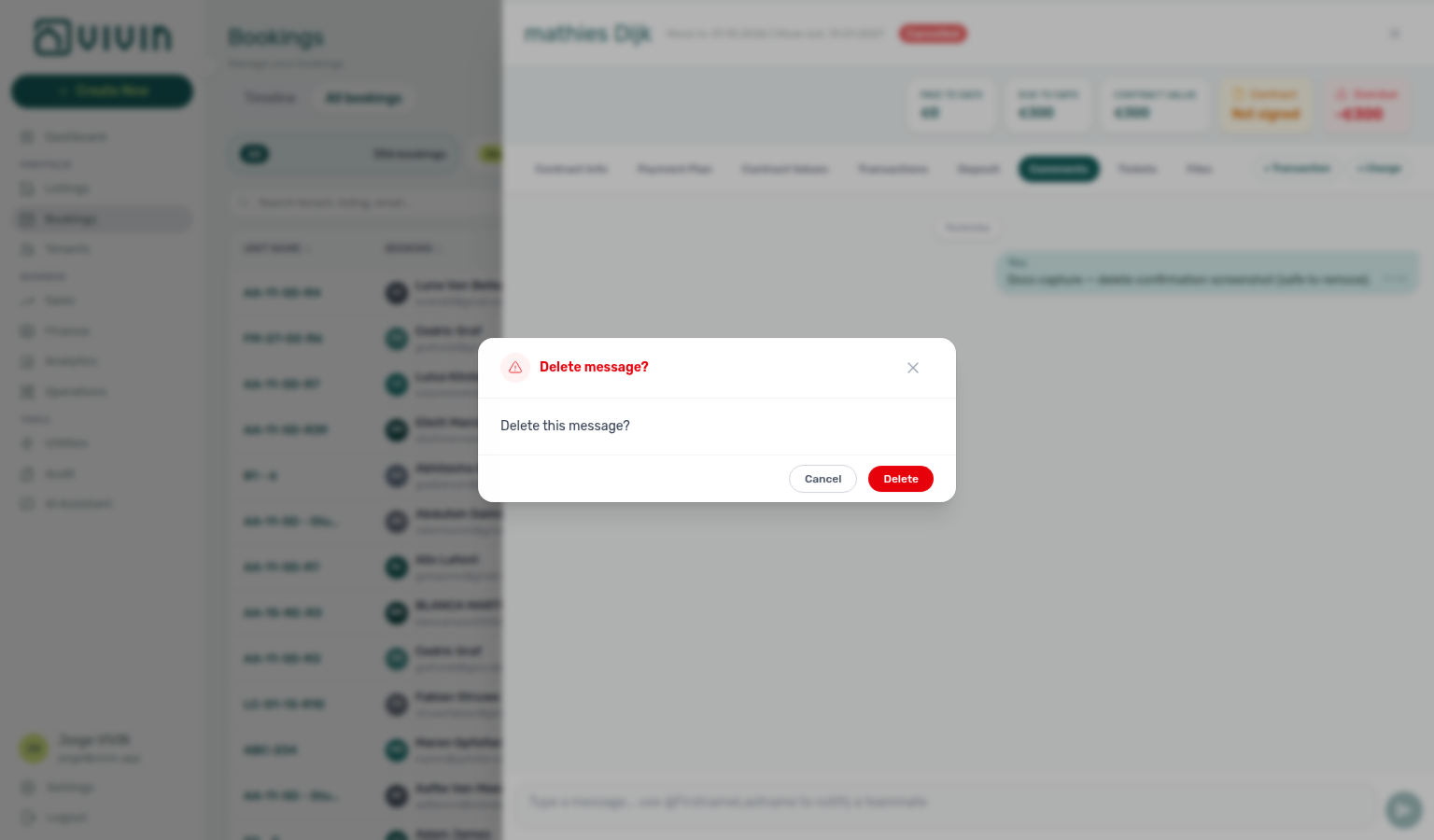 Booking detail — Internal Notes tab delete confirmation before removing a message