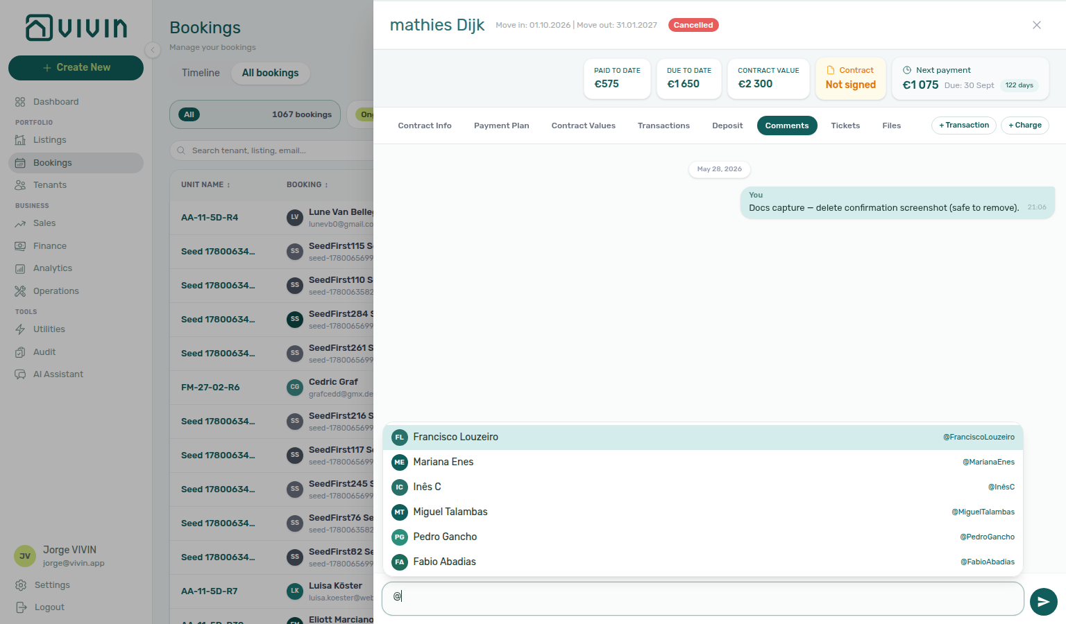 Booking detail — Internal Notes tab with @ mention autocomplete listing teammates