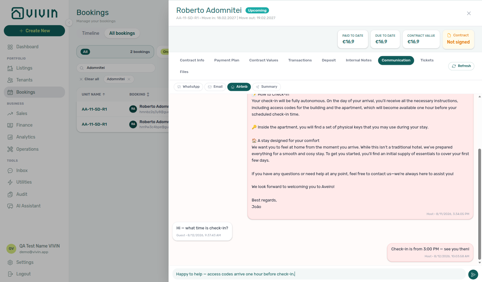 Booking detail — Communication Airbnb composer with a drafted host reply