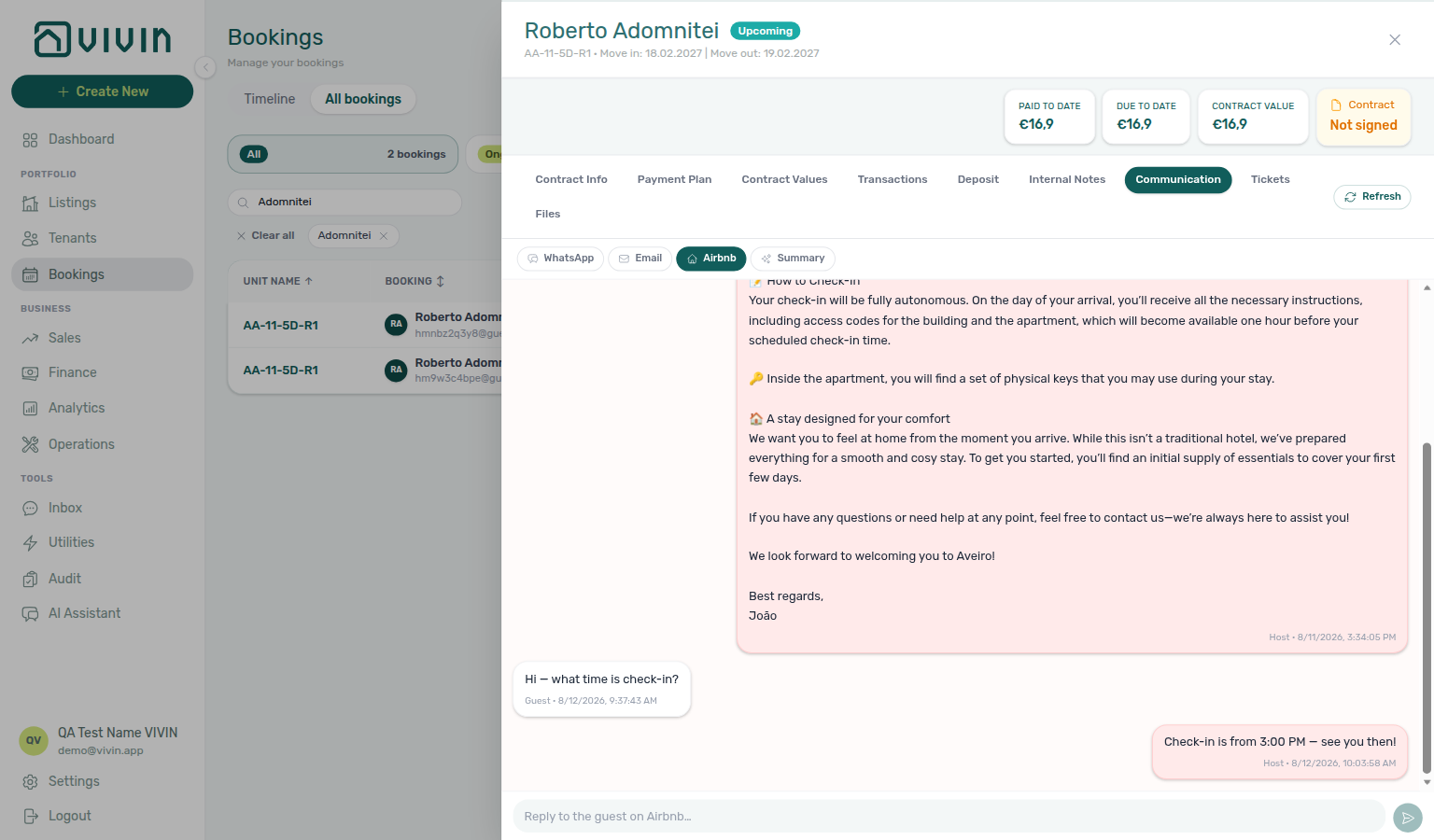 Booking detail — Communication tab Airbnb filter with host welcome thread and Reply composer