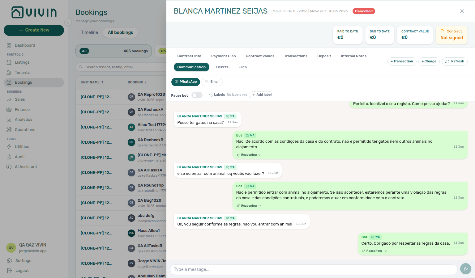 Booking detail — Communication tab, Bot message with expanded Reasoning audit text under the reply