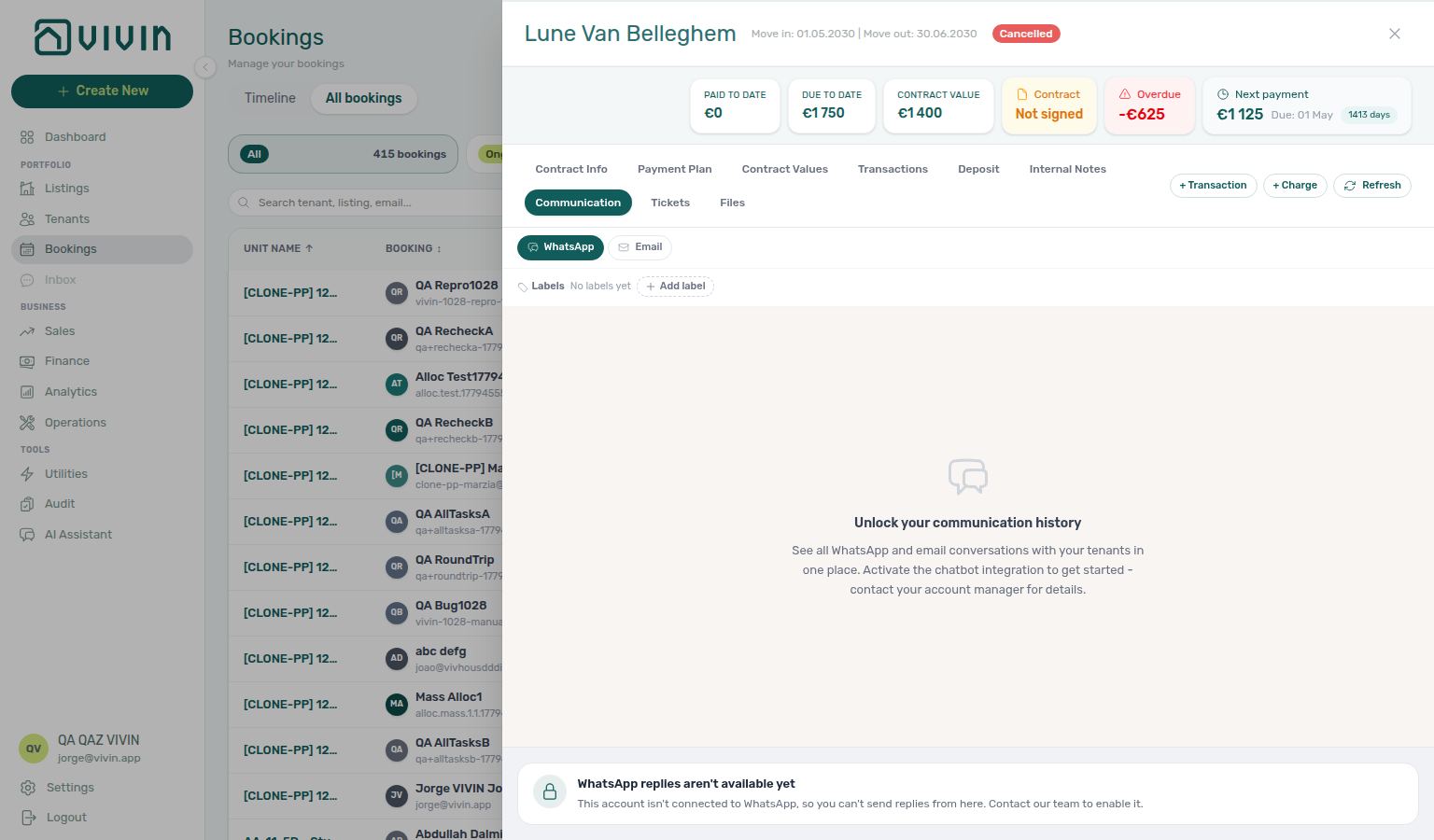 Booking detail — Communication tab with chatbot off — unlock empty state and channel filters visible