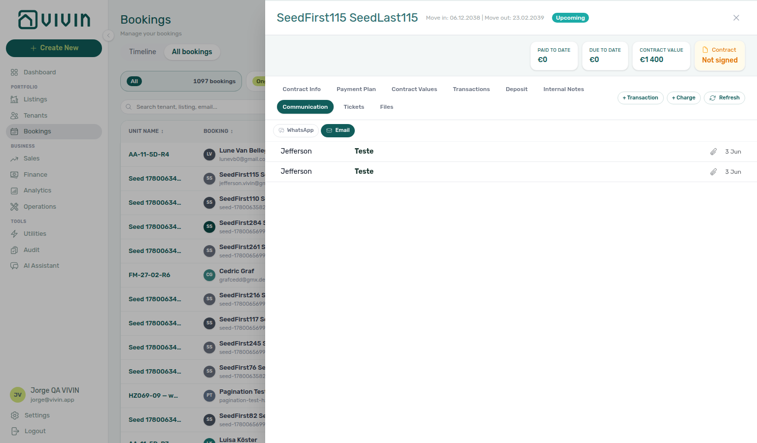 Booking detail — Communication tab, attachment preview modal for a PDF or image with download control
