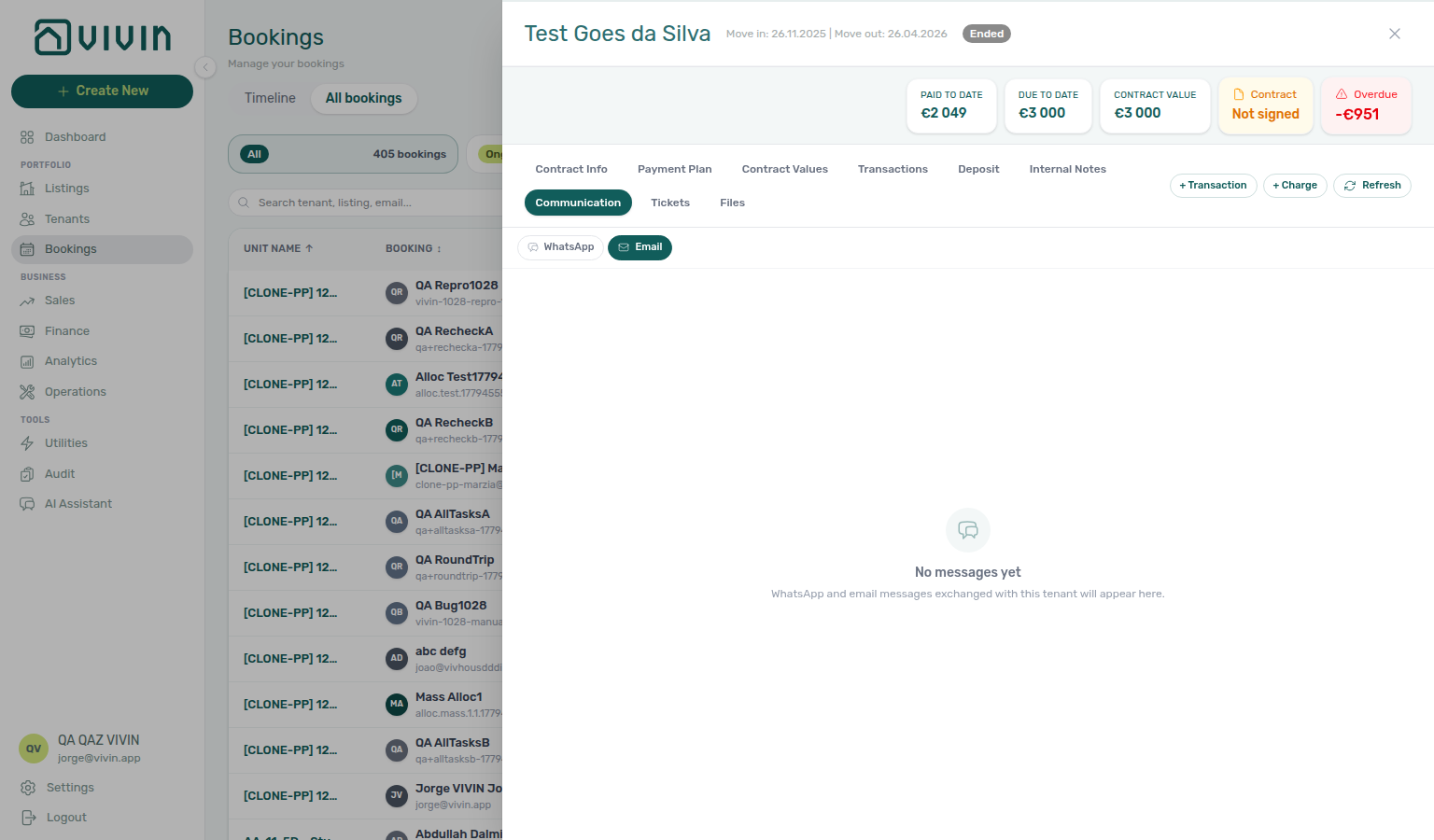 Booking detail — Communication tab, Email filter with No messages yet while WhatsApp history exists on the same booking