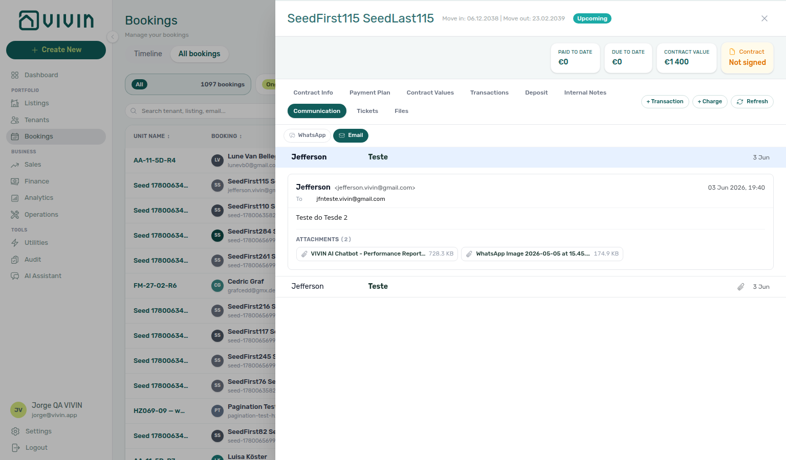 Booking detail — Communication tab, expanded email with recipients and message body