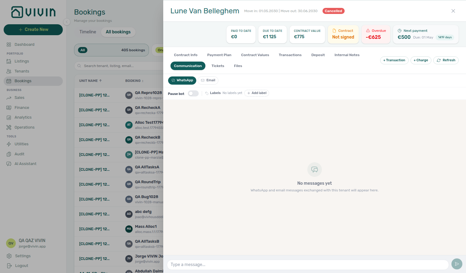 Booking detail — Communication tab with WhatsApp and Email filters but no stored messages yet