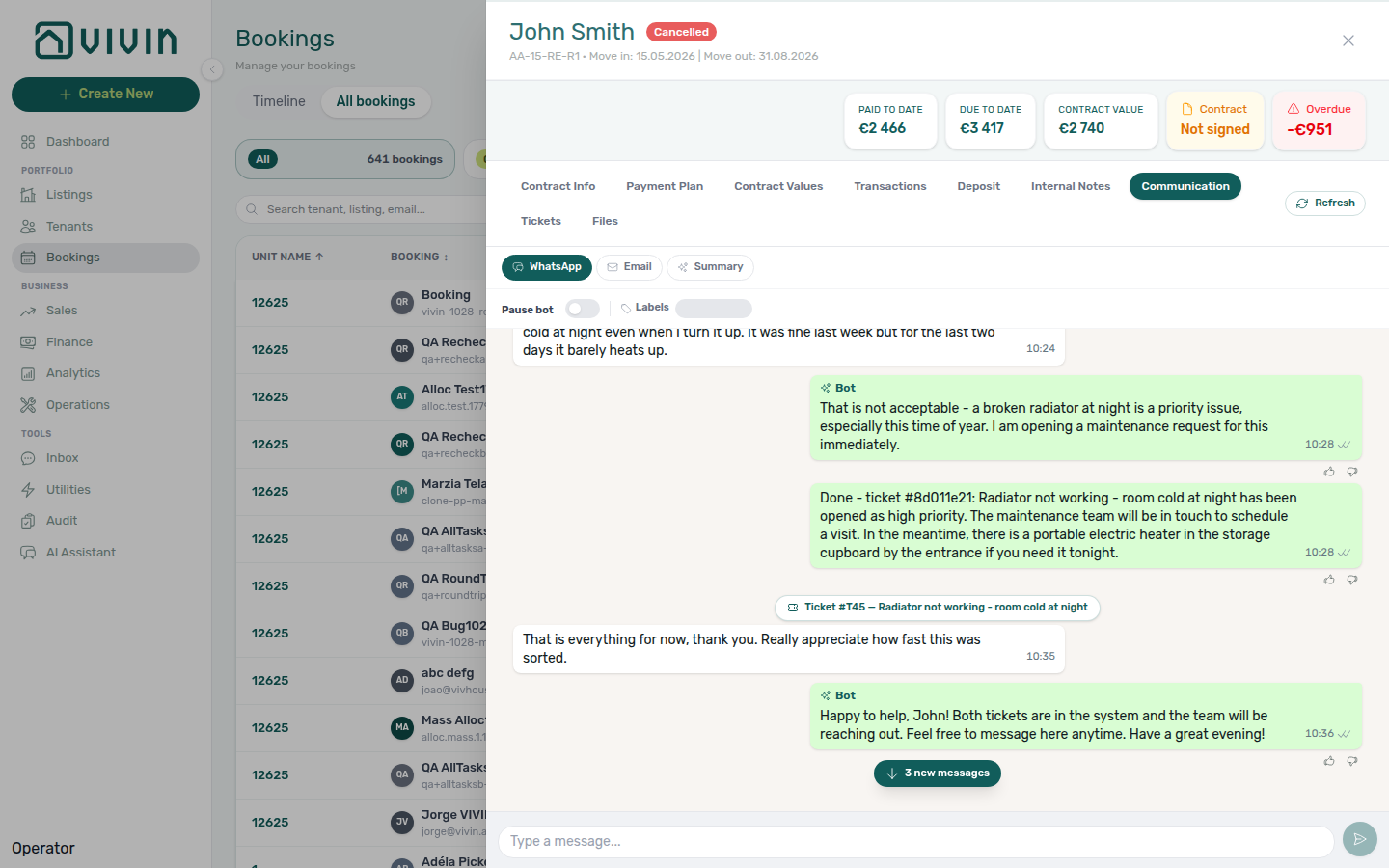 Booking detail — Communication WhatsApp thread with floating 3 new messages pill above the composer