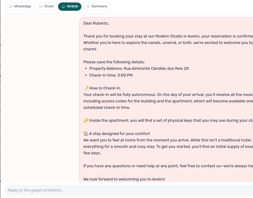 Booking detail — Communication tab with the Airbnb pill selected and Reply to the guest on Airbnb…