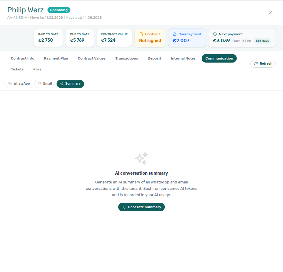 Booking detail — Communication tab, Summary empty state with Generate summary