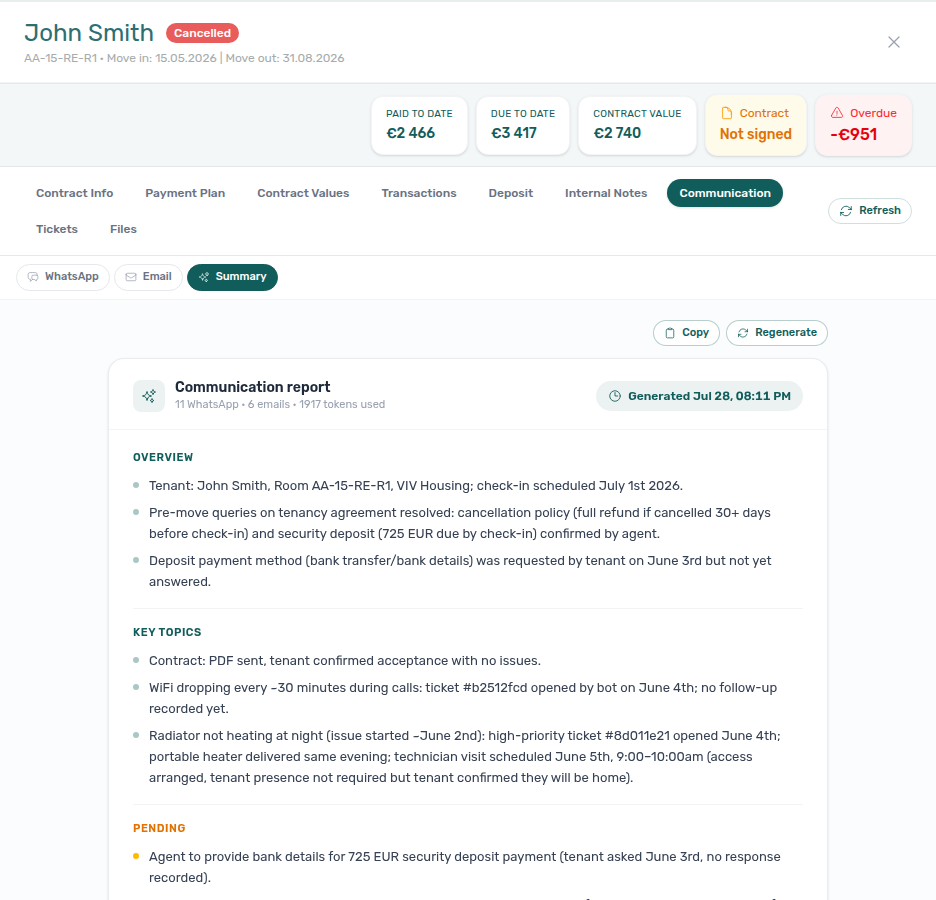 Booking detail — Communication report with overview, key topics, and pending items