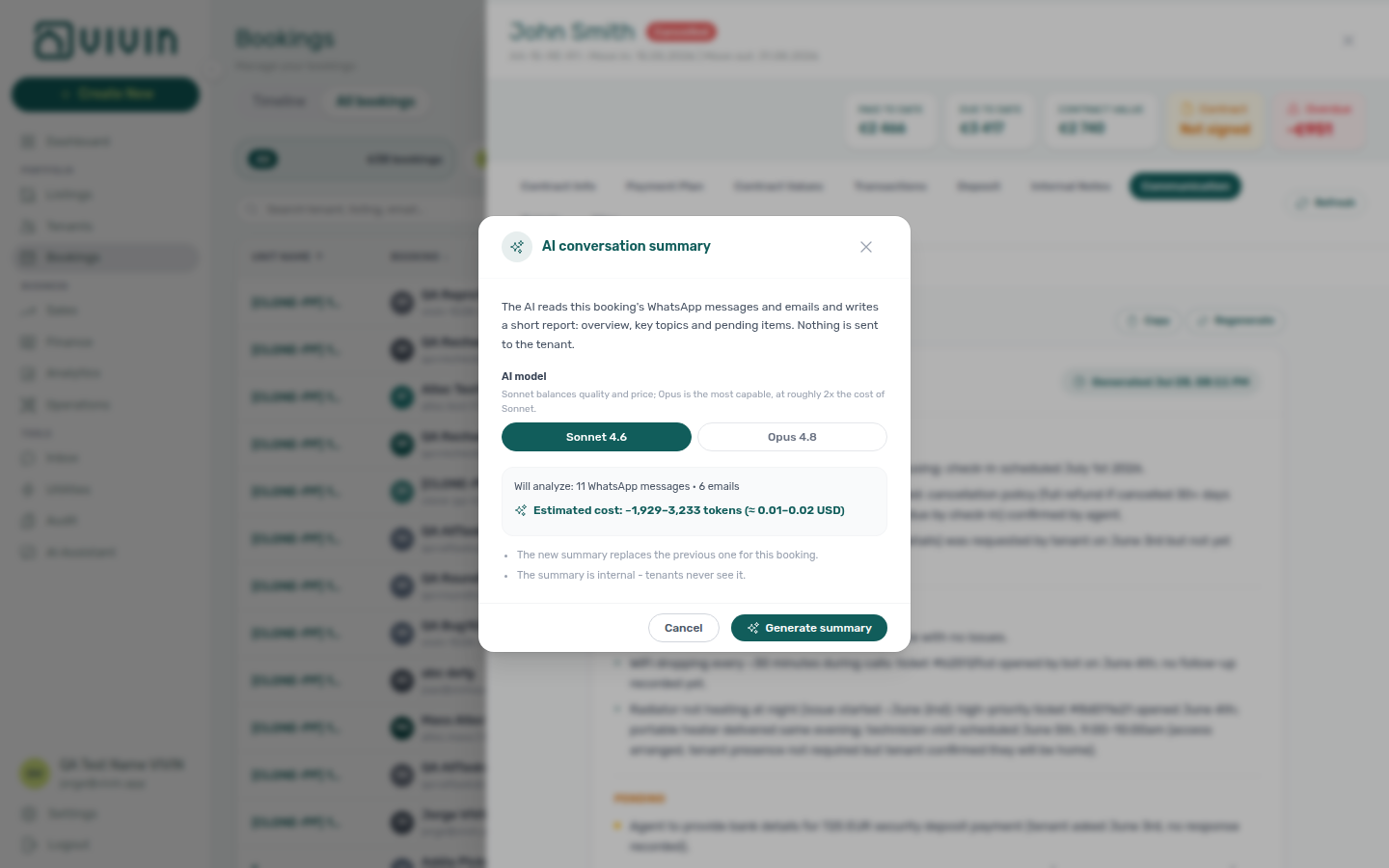 Booking detail — AI conversation summary modal with Sonnet/Opus model choice and cost estimate