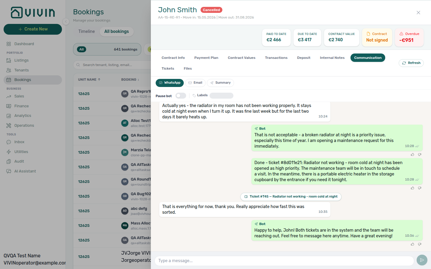 Booking detail — Communication WhatsApp thread with inline Ticket #T45 marker after the bot opened a maintenance request