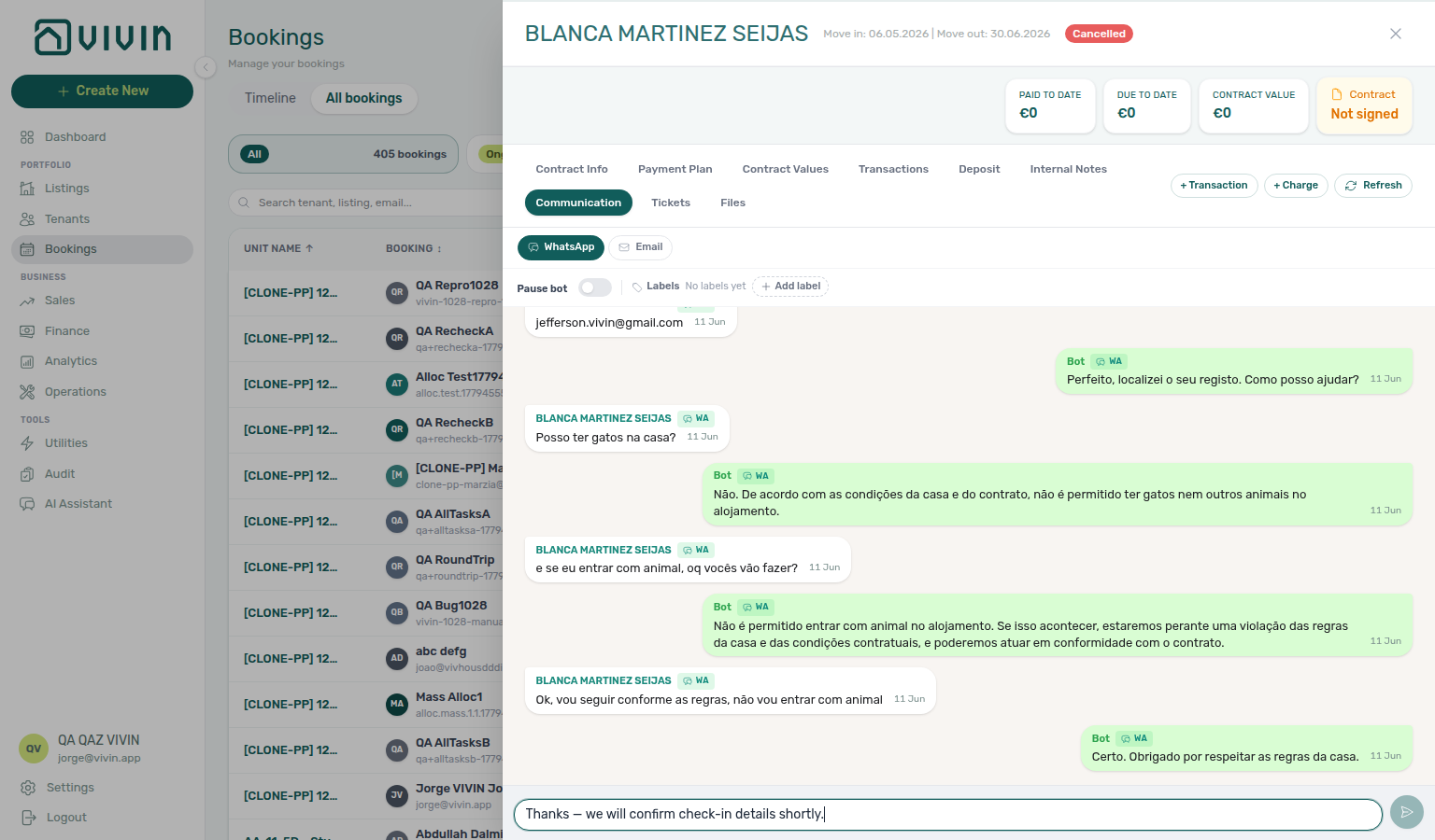 Booking detail — Communication tab, WhatsApp composer for operator replies