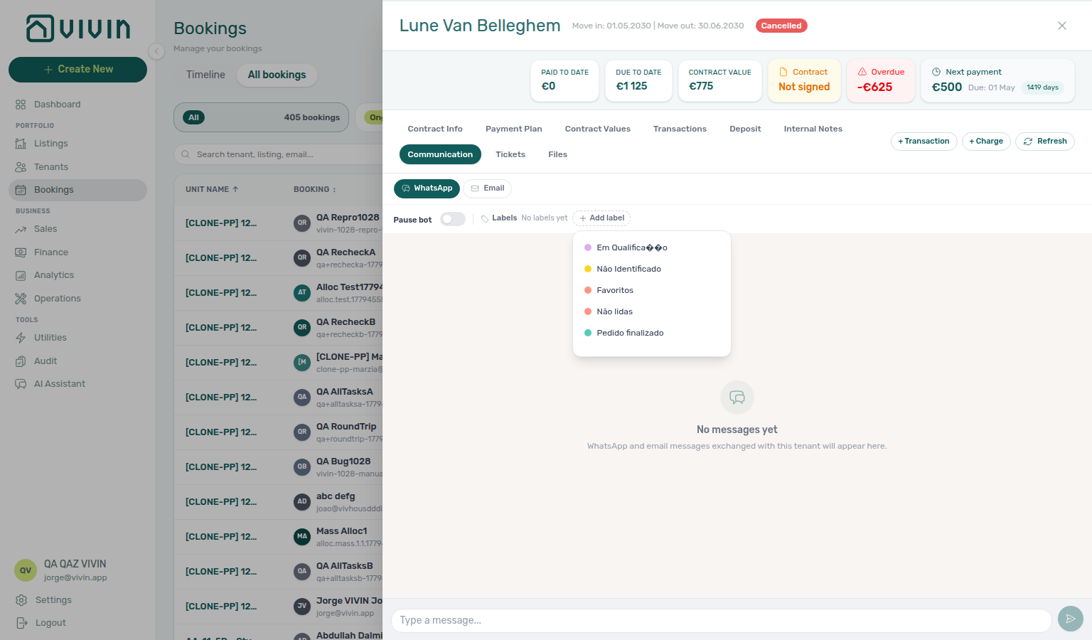 Booking detail — Communication tab, Add label popover listing available WhatsApp conversation tags