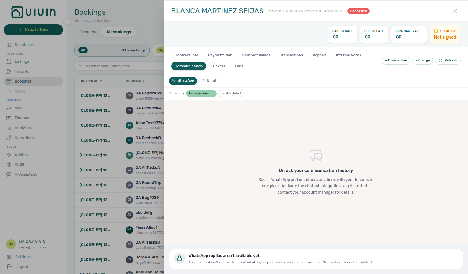 Booking detail — Communication tab, WhatsApp filter with thread history and WhatsApp replies aren't available yet notice instead of composer