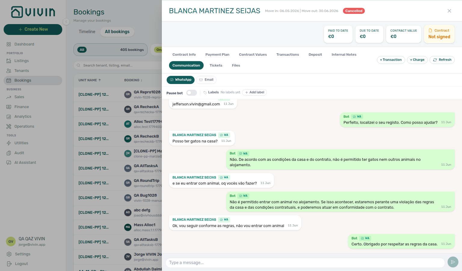 Booking detail — Communication tab with WhatsApp thread and Refresh in the sidebar header toolbar