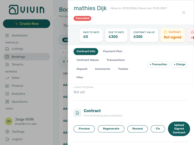 Booking detail — Contract Info, Check-in &amp; Check-out card with Resend Onboarding and check-in email actions