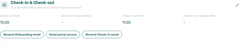 Booking detail — Contract Info, Check-in &amp; Check-out card with Resend Onboarding email, Send portal access, and Send Check-in email