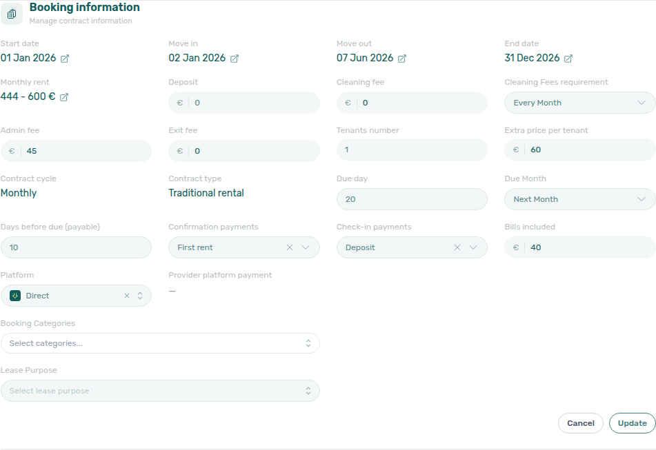 Booking detail — Contract Info edit mode with Bills included € input