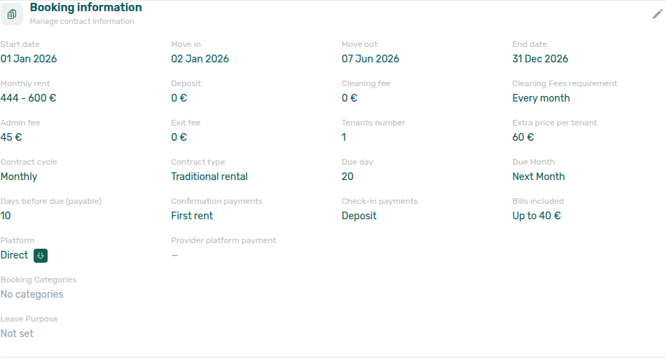 Booking detail — Contract Info, Booking information with Bills included ceiling (read-only)