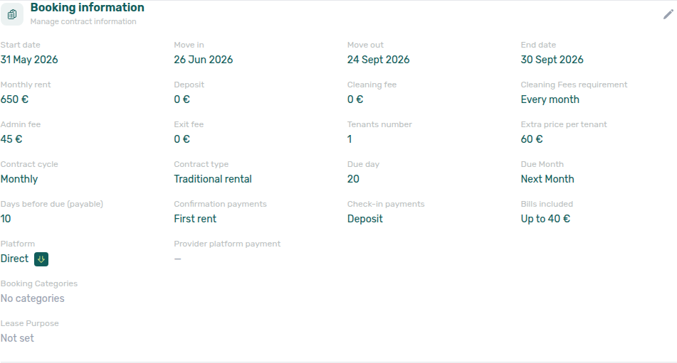 Booking detail — Contract Info, Booking information with Bills included ceiling (read-only)