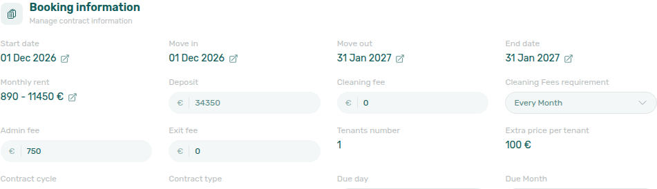 Booking detail — Contract Info edit mode with Cleaning Fees requirement dropdown