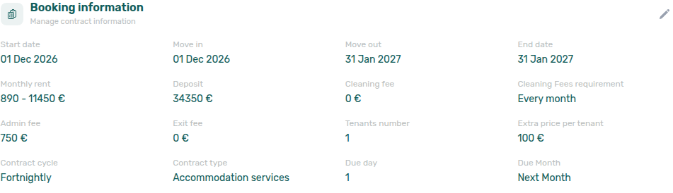Booking detail — Contract Info, Booking information with Cleaning Fees requirement (read-only)