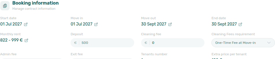 Booking detail — Contract Info edit mode with Confirmation payments and Check-in payments dropdowns