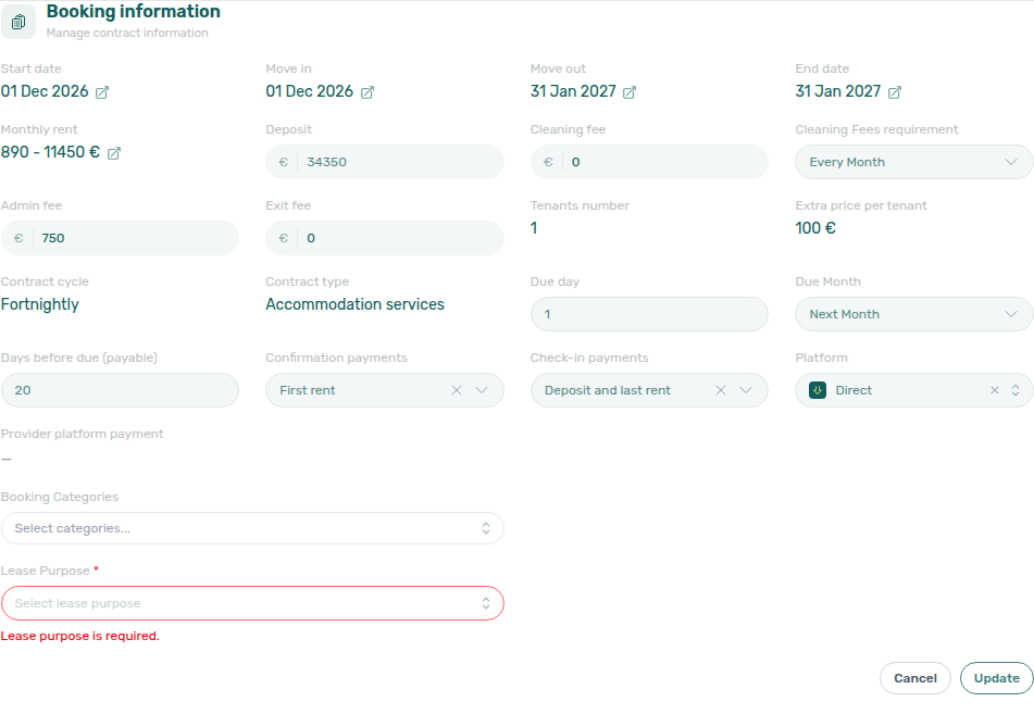 Booking detail — Contract Info edit mode with editable admin, cleaning, and exit fee € fields