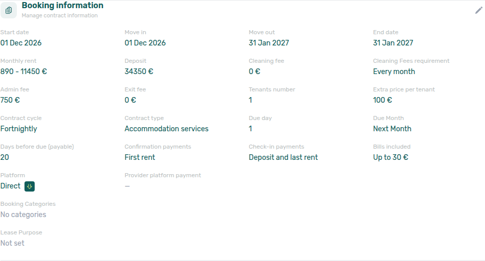 Booking detail — Contract Info, Booking information with admin, cleaning, and exit fee amounts (read-only)