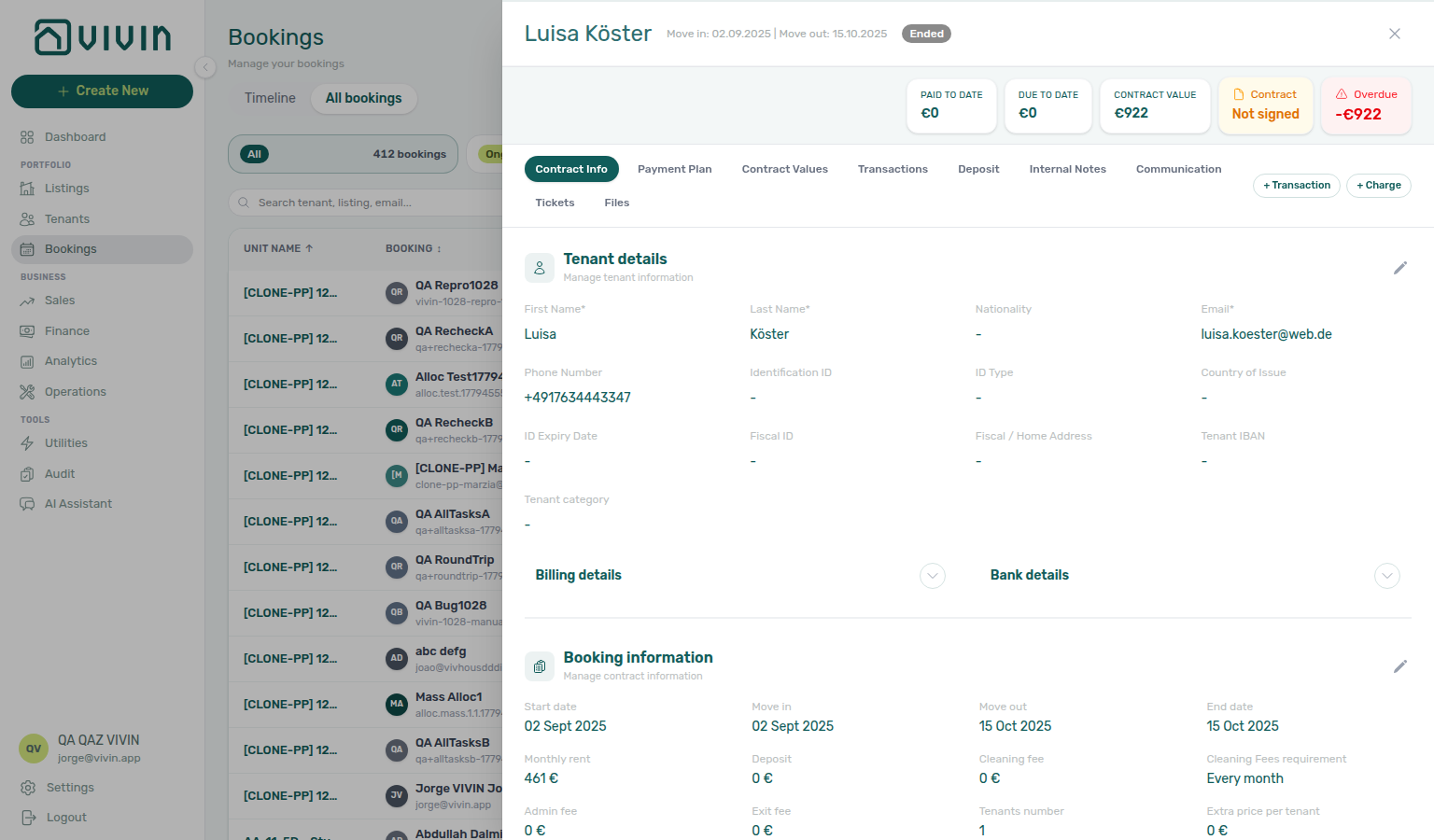 Booking detail — Contract Info with a single Monthly rent headline on unit AA-11-5D-R7 (listing stays variable; booking stored as fixed rent)