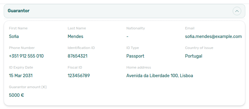 Booking detail — Contract Info Guarantor accordion with identity fields and Guarantor amount (€)