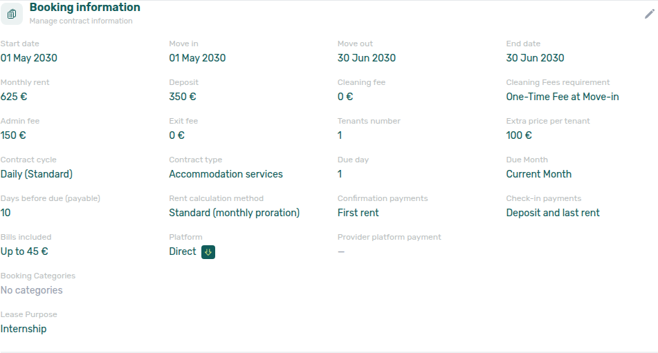 Booking detail — Contract Info, Booking information with Lease purpose read-only (example Internship on AA-11-5D-R4)