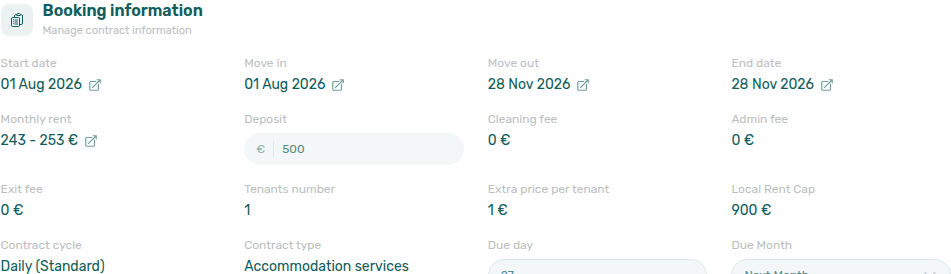 Booking detail — Contract Info edit mode with Local Rent Cap field