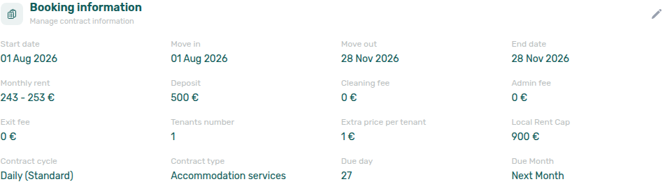 Booking detail — Contract Info, Booking information with Local Rent Cap (read-only)