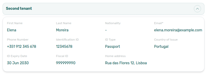 Booking detail — Contract Info Second tenant accordion expanded with co-occupant identity fields