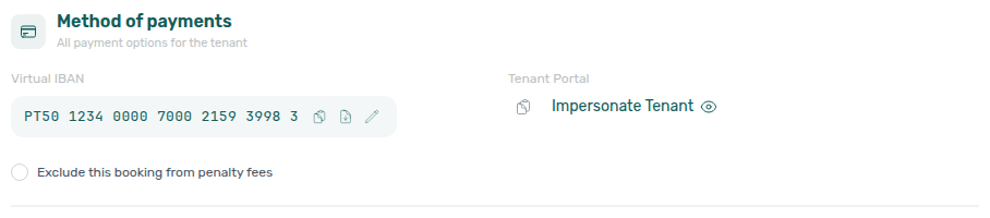 Booking detail — Contract Info Method of payments Virtual IBAN row with copy, download proof, and Switch IBAN pencil