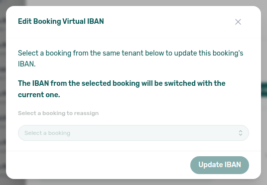 Booking detail — Edit Booking Virtual IBAN modal with select-booking picker and Update IBAN