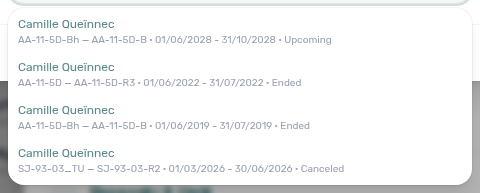 Booking detail — Switch IBAN destination picker open with property — unit · contract dates · status identity rows for the same tenant