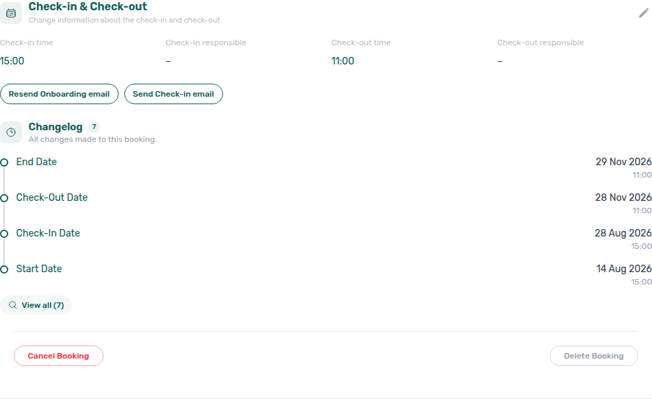 Booking detail — Contract Info, Changelog under Check-in &amp; Check-out with milestone dates and logged field changes