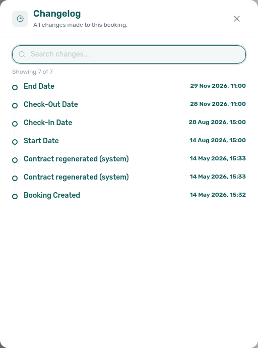 Booking detail — Contract Info, Changelog View all modal with search and full event list
